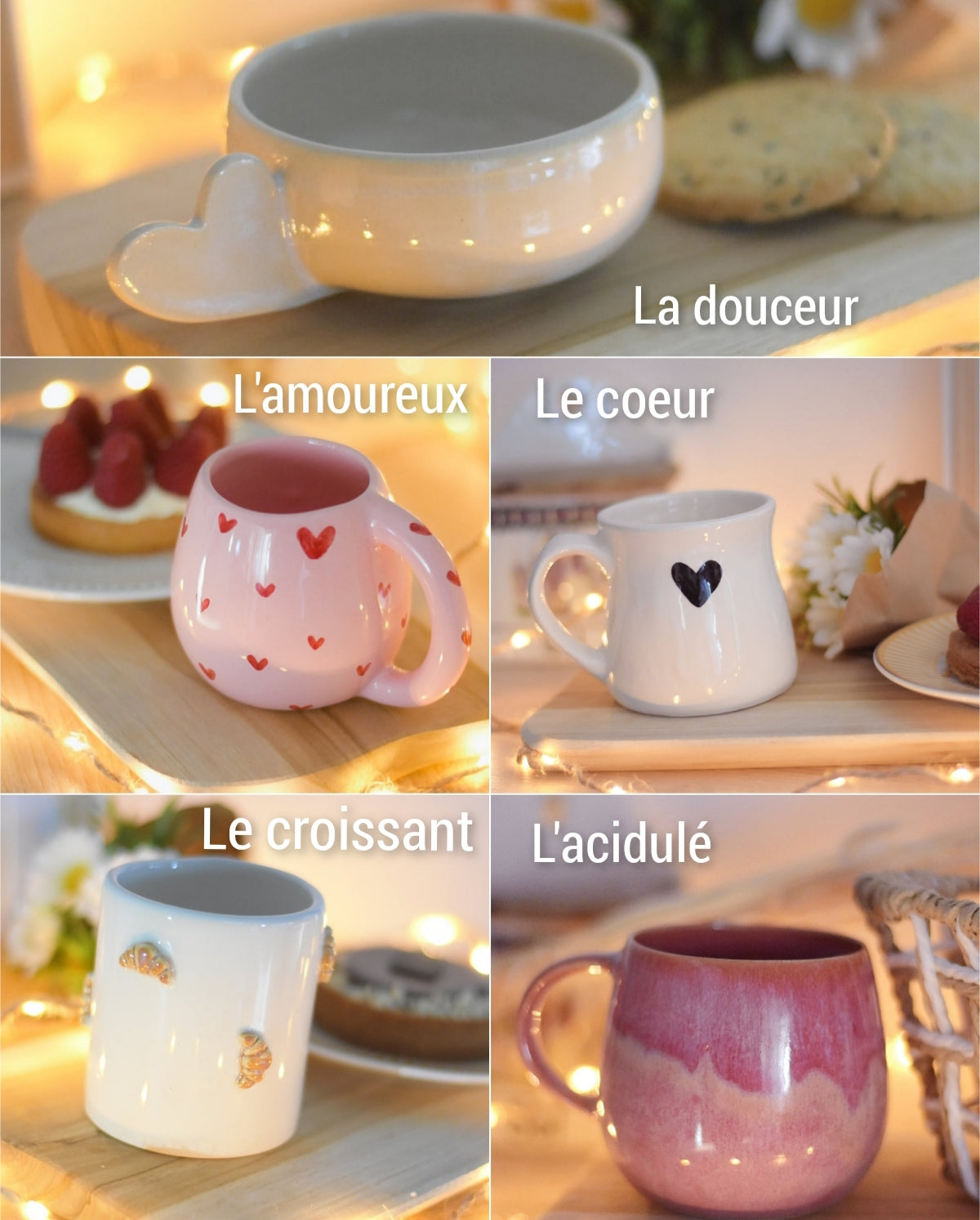 Mugs et tasses artisanaux posés sur une planche en bois, accompagnés d’une guirlande lumineuse et de pâtisseries : mug rose avec petits cœurs rouges, tasse blanche avec anse en forme de cœur, tasse blanche avec cœur noir, mug blanc décoré de petits croissants en relief et mug décliné dans différentes nuances de rose.